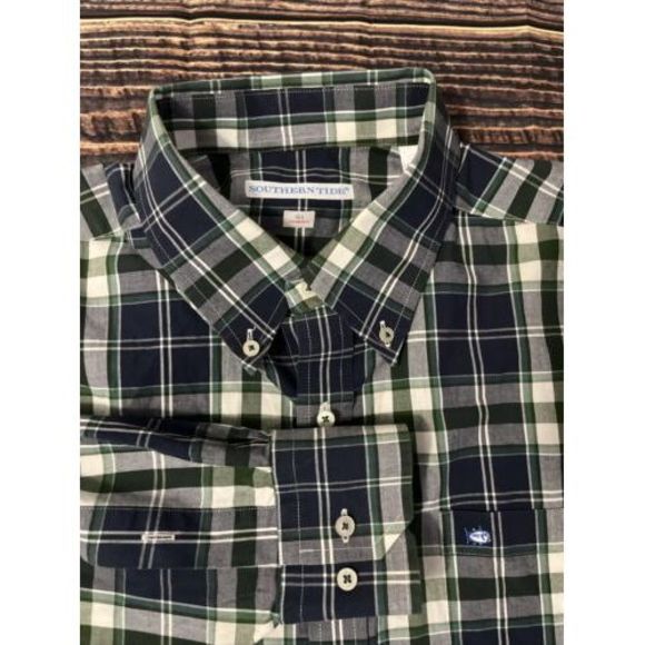 Southern Tide Other - Southern Tide Mens Shirt Blue Green Plaid Large Cotton Blend Tailored Fit